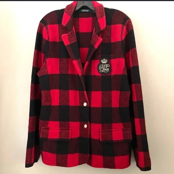 Ralph Lauren Buffalo Check Plaid Wool Knit Sweater Blazer Jacket Crest Rugby Lg - Picture 2 of 13